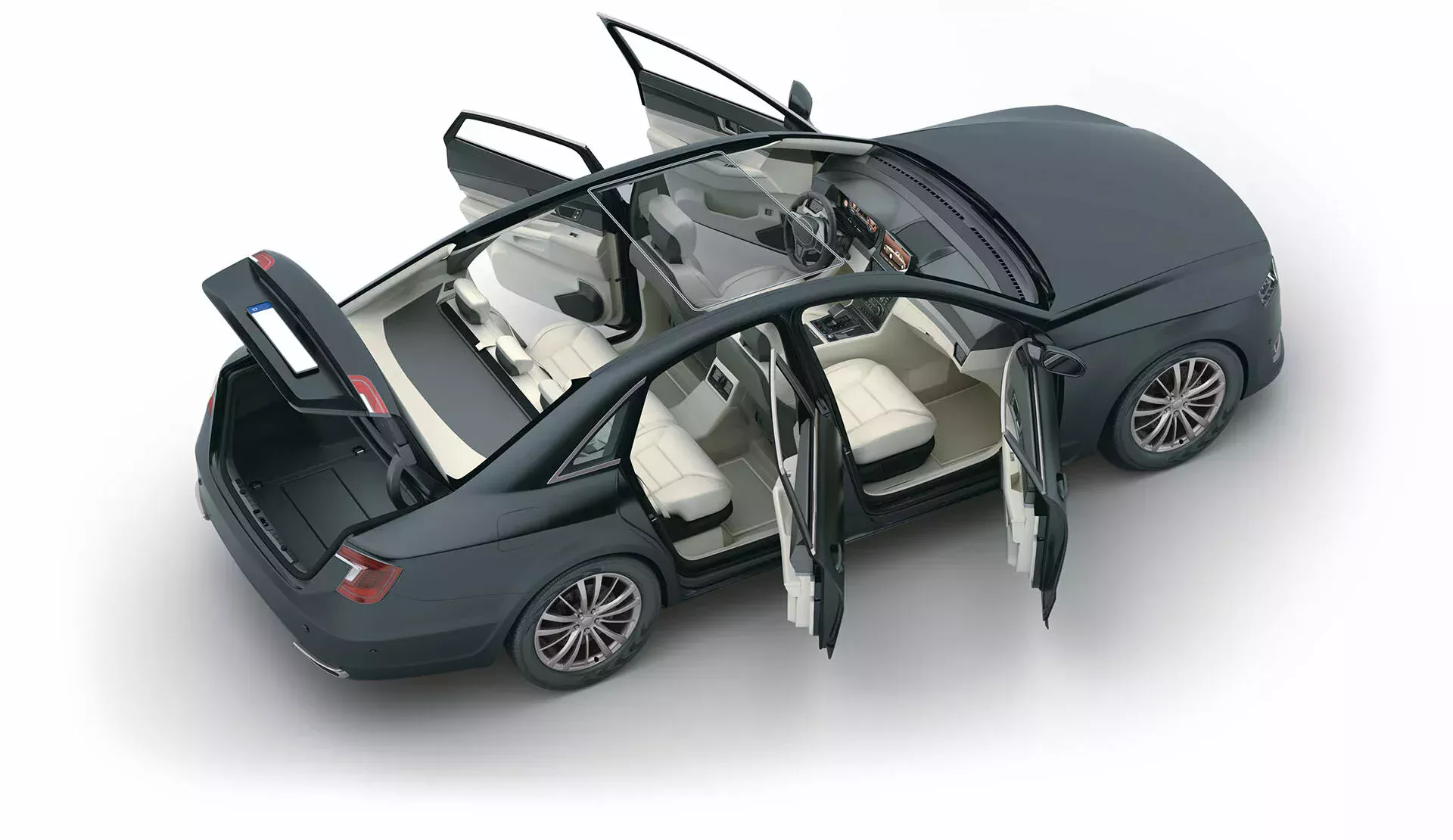 打开车门和后备箱的黑色汽车