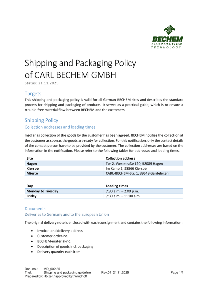 	Shipping and packaging guideline